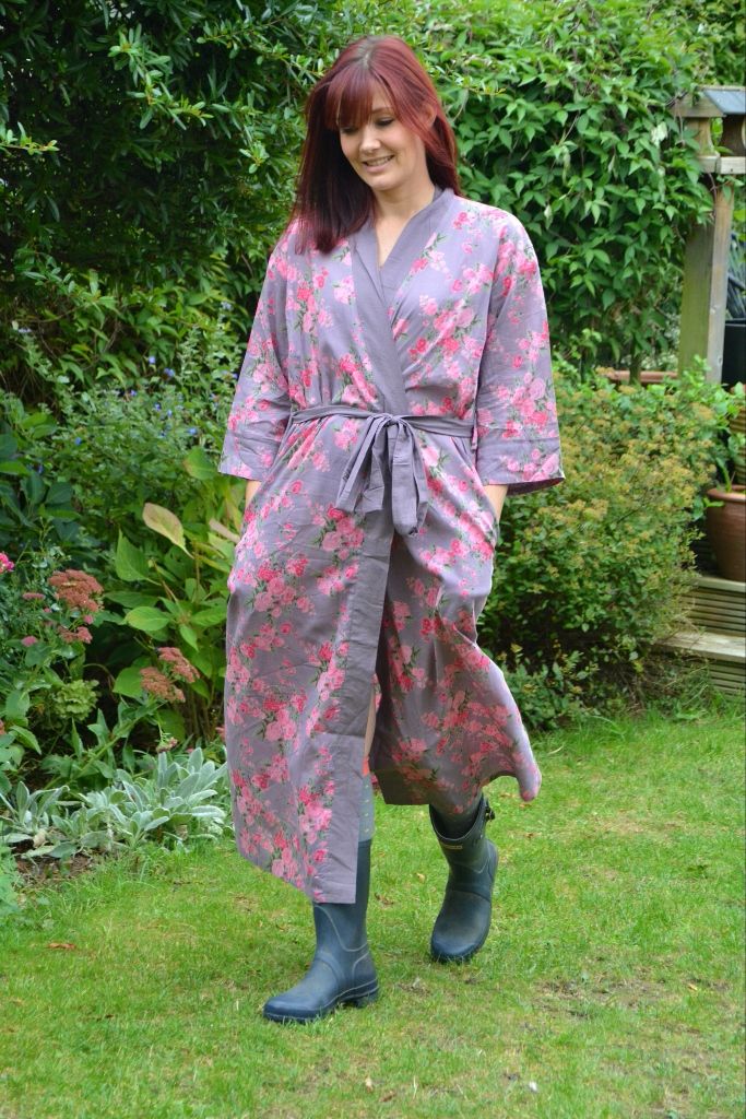 Full Length Cotton Kimono Dressing Gown - Plum
